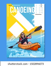 Vector illustration of smiling woman swimming in canoe or kayak. Sport themed poster on abstract background