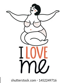 Vector illustration with smiling woman in swimsuit and lettering text - I love me. Self confidence typography poster, body positive female print design