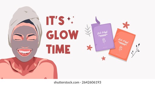 Vector illustration of a smiling woman with a towel wrap and facial mask, surrounded by floral elements and sheet masks. Text says “It’s Glow Time,” highlighting skincare and self-care concept.