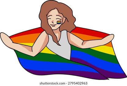 Vector illustration of a smiling woman wrapped in a rainbow flag, expressing LGBTQ pride and inclusion.