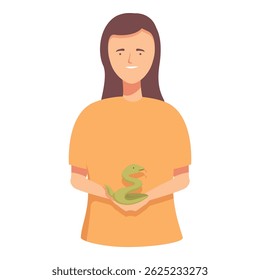 Vector illustration of a smiling woman in a yellow shirt gently holding a cute green snake