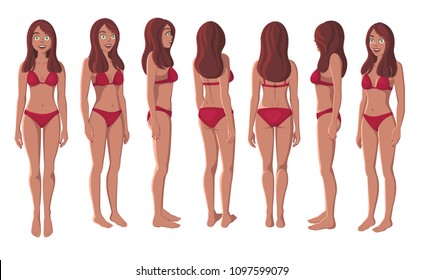 Vector Illustration of Smiling Women in Bikini on a White Background. Cartoon Realistic Girls Set. Flat Young Lady. Front View Woman. Side View Woman. Back Side View Woman. Seven Positions