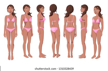 Vector Illustration of Smiling Women in Pink Bikini on a White Background. Cartoon Realistic Girls Set. Flat Young Lady. Front View Woman. Side View Woman. Back Side View Woman. Seven Positions