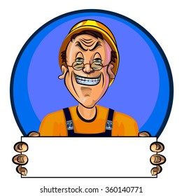 Vector illustration of smiling workman holding blank poster in his hands. Can be used an advertisement. Made in comic cartoon style.