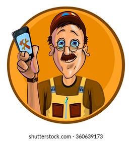 Vector illustration of smiling workman holding a mobile phone in his hand. Made in comic cartoon style.