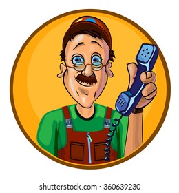 Vector illustration of smiling workman holding a handset in his hand. Made in comic cartoon style.