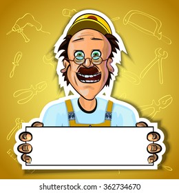 Vector illustration of smiling workman holding blank poster in his hands. Gradient background with the images of different tools. Made in comic cartoon style.