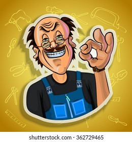 Vector illustration of smiling workman showing OK gesture. Gradient background with the images of different tools. Made in comic cartoon style.