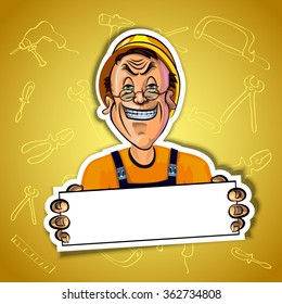 Vector illustration of smiling workman wearing a helmet and holding blank poster in his hands. Gradient background with the images of different tools. Made in comic cartoon style.