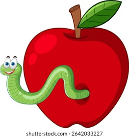 Vector illustration of a smiling worm emerging from a bright red apple with a green leaf