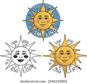 A vector illustration of a smiling yellow sun with rays extending outwards. 03.eps
