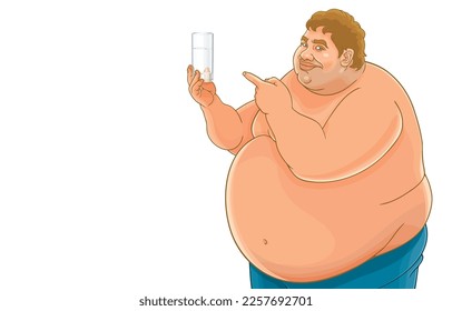 Ilustración vectorial de un joven sonriente de gran tamaño sin camisa sujetando el vaso de agua, el dedo acusador, mostrar la importancia del agua potable, aislado en blanco, problemas de salud, pérdida de peso, obesidad.