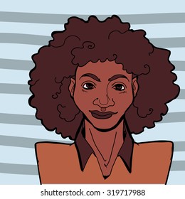Vector illustration of a smiling young black brown woman with afro hairstyle in brown shirt done on a striped background. Comic style with bold lines and flat color. Person dressed in business style.