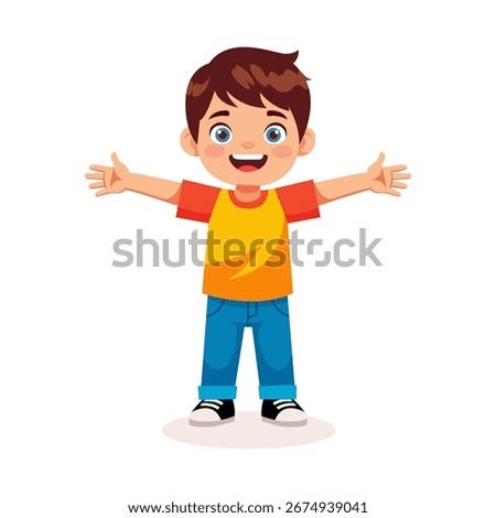A vector illustration of a smiling young boy with his arms wide open. This graphic is perfect for conveying feelings of joy, freedom, and a warm welcome.