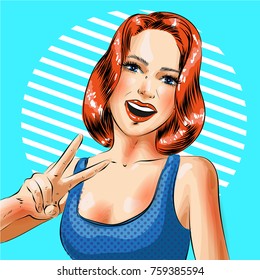 Vector illustration of smiling young girl showing victory or peace hand sign or gesture. Beautiful pin-up girl gesturing in retro pop art comic style.