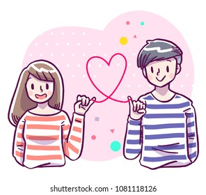 Vector illustration of smiling young man and woman with red thread bonding on their pinky fingers