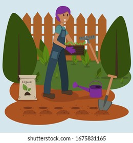 Vector illustration of a smiling young man planting seedlings. Against the background of trees, holes, garden tools. Seasonal work on the farm or in the garden. Illustration for books, magazines.