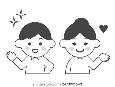 Ilustración vectorial de hombre y mujer joven sonriente. Blanco y negro. Dos personas felices. Pose con una mano.
