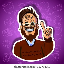 Vector illustration of smiling young man holding his index finger up - sign of attention. Gradient background with the images of hipster accessories. Made in comic cartoon style.