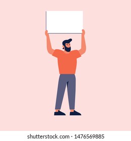 Vector illustration smiling young men holding clean placards. People character demonstrating empty banners