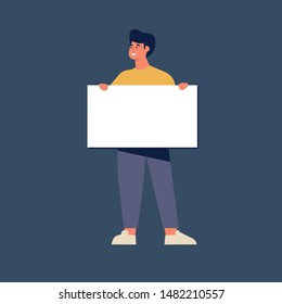 Vector illustration smiling young men holding clean placards. People character demonstrating empty banners