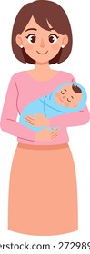 Ilustração vetorial de uma jovem mãe sorridente segurando seu bebê recém-nascido adormecido firmemente envolto em um cobertor azul de sela.