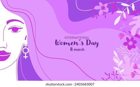 Vector illustration of a smiling young woman with an earring in the shape of the symbol of female gender and the hair in the wind surrounded by flowers, in purple and lilac colors.