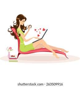 Vector illustration of smiling young woman with a laptop flirting on Internet. Red hearts popping out of the screen. Vase with flowers and plate with fresh strawberries stand near the couch.