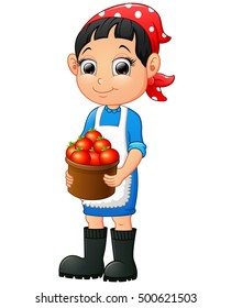 Vector illustration of Smiling young woman holding a basket of tomatoes 