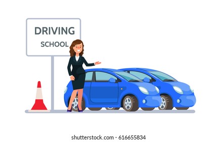 Vector illustration of smiling young woman business suit standing near driving school car isolated in flat style. Design concept drivers education.