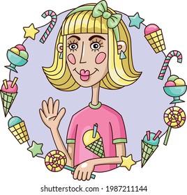 Vector illustration, a smille girl with lollipop in frame of sweets  waving hand on a white background. Blonde with bow. Cartoon style. Vector elements. Sweets, Ice cream, lollipop, star.