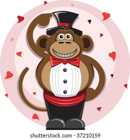 a vector illustration of a smitten monkey in a shower of hearts