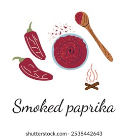 Vector illustration of smoked paprika spice with red pepper pods, bowl of ground paprika, wooden spoon, and small fire symbol. Perfect for culinary, cooking, seasoning, and food related designs