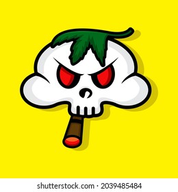 Vector illustration of Smoker skull with a weed on his head on yellow background. Halloween Party. 31 October.