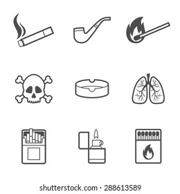 Vector illustration of smoking line style icons set. 9 elements