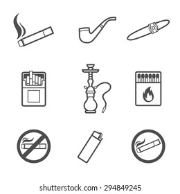 Vector illustration of smoking line style icons set. 9 elements