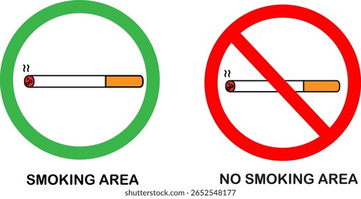 Ilustração vetorial dos sinais de área para fumadores e não fumadores com cigarros e símbolos codificados por cores para a sensibilização do público