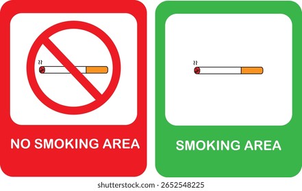 Ilustração vetorial dos sinais de área para fumadores e não fumadores com cigarros e símbolos codificados por cores para a sensibilização do público