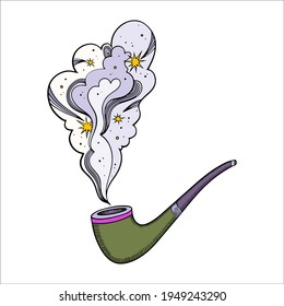 Vector illustration of smoking pipe with hemp. Device for smoking marijuana. Smoking weed equipment.