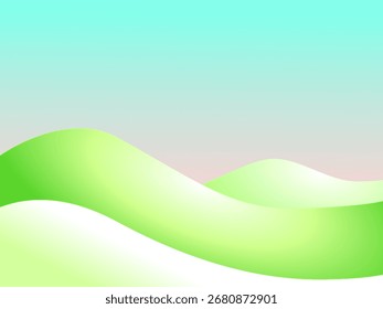 Vektorgrafik von sanften grünen Hügeln mit pastellfarbenem Gradientenhimmel. Minimalistischer Naturhintergrund, frisches und sauberes Design, perfekt für Poster, Cover, Tapeten oder umweltfreundliche Themen.