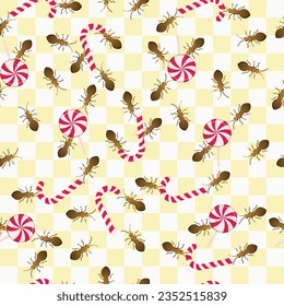 Vector illustration of a smooth, seamless background with ants and candies, without connected geometry.