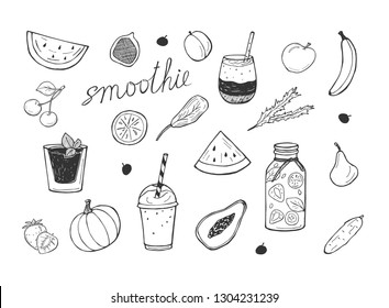 Vector illustration of smoothie cocktails detox icons set. Cherry, watermelon, papaya, banana, strawberry, pumpkin, pear, spinach, plum. Drinks in glass, bottle with a straw. Hand drawn doodle style.