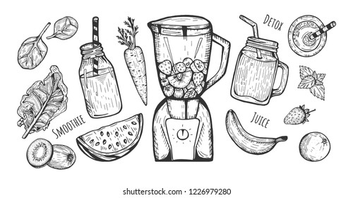 Vector illustration of a smoothie set. Blender, jar with a straw, bottle, top. Detox, juice labels. Spinach leaves, kale, watermelon, kiwi, carrot, banana, strawberry, mint, orange. Hand drawn doodle.