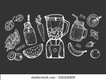 Vector illustration of a smoothie set. Blender, jar with a straw, bottle, top. Detox, juice labels. Spinach leaves, kale, watermelon, kiwi, carrot, banana, strawberry, mint, orange. Hand drawn doodle.