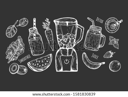 Vector illustration of a smoothie set. Blender, jar with a straw, bottle, top. Detox, juice labels. Spinach leaves, kale, watermelon, kiwi, carrot, banana, strawberry, mint, orange. Hand drawn doodle.