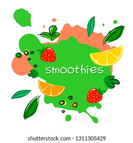 Vector illustration of a smoothie with stylized leaves and fruits, doodle and mixed style. Illustration on white background