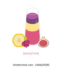 Vector illustration smoothie. Useful organic food for vegan and vegetarian. Healthy breakfast of fruits and berries. Banana, raspberry, figs. Detox diet. White isolated, flat design, simple style 