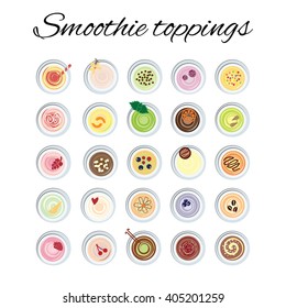 vector illustration / smoothies set / desserts and milkshakes toppings 