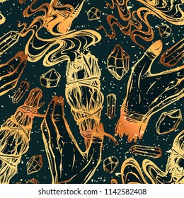 Vector illustration. Smudge Sticks, hands, crystals, mysticism, tattoos. Handmade, prints on T-shirts, background dark green, seamless pattern, gold color