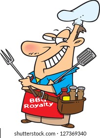A vector illustration of smug cartoon man wearing a BBQ king apron and ready to barbeque